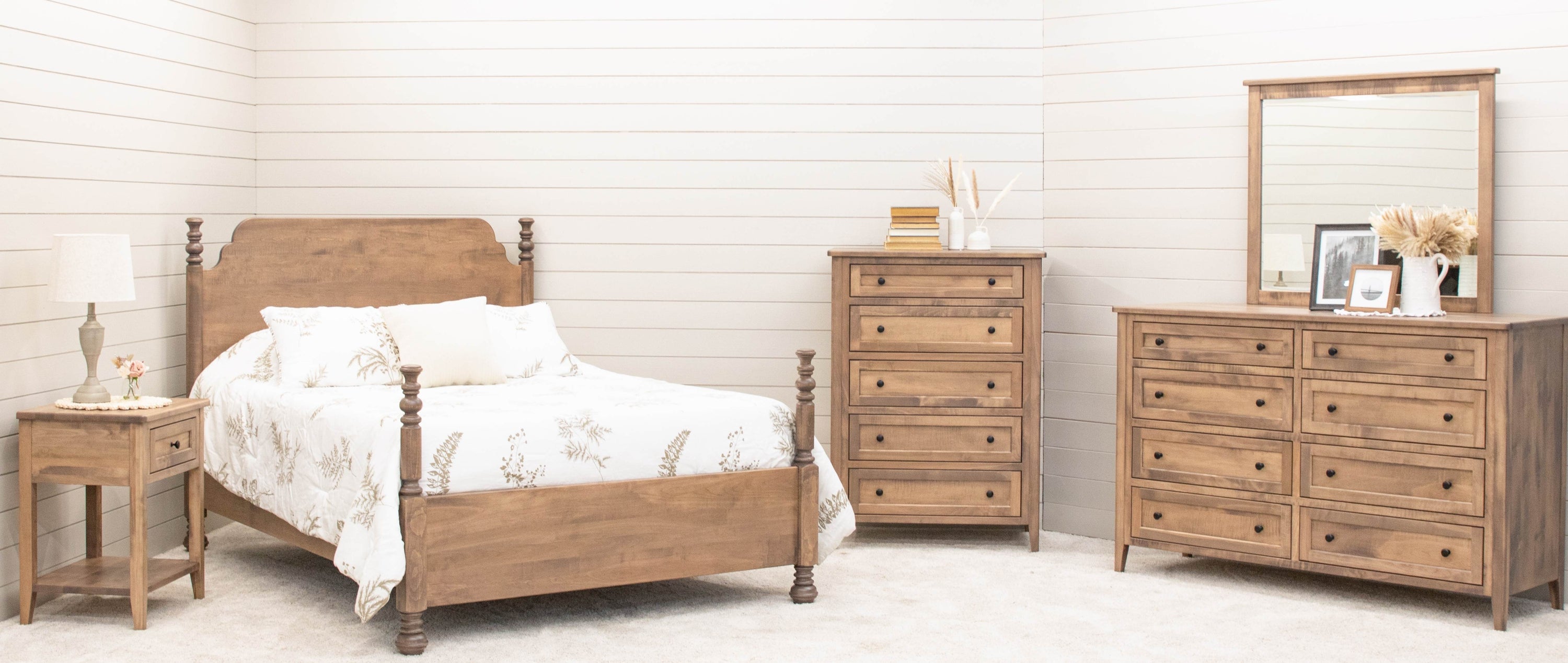 Solid Maple wood Amish bedroom set shown with modern four poster bed 