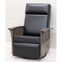 Amish Mission Black Faux Leather Swivel Glider Recliner with Wood Arms
