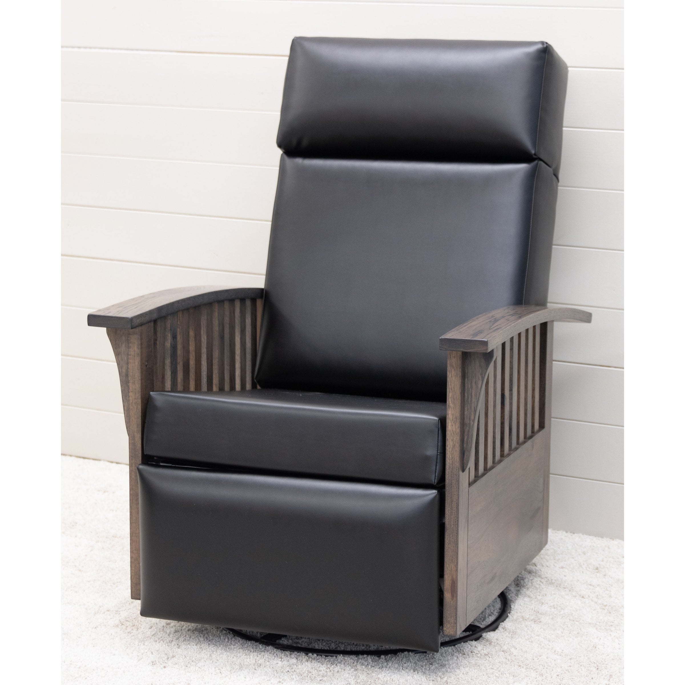 Amish Mission Black Faux Leather Swivel Glider Recliner with Wood Arms