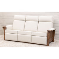 Amish Mission White Wallhugger Reclining Sofa with Walnut Wood Arms