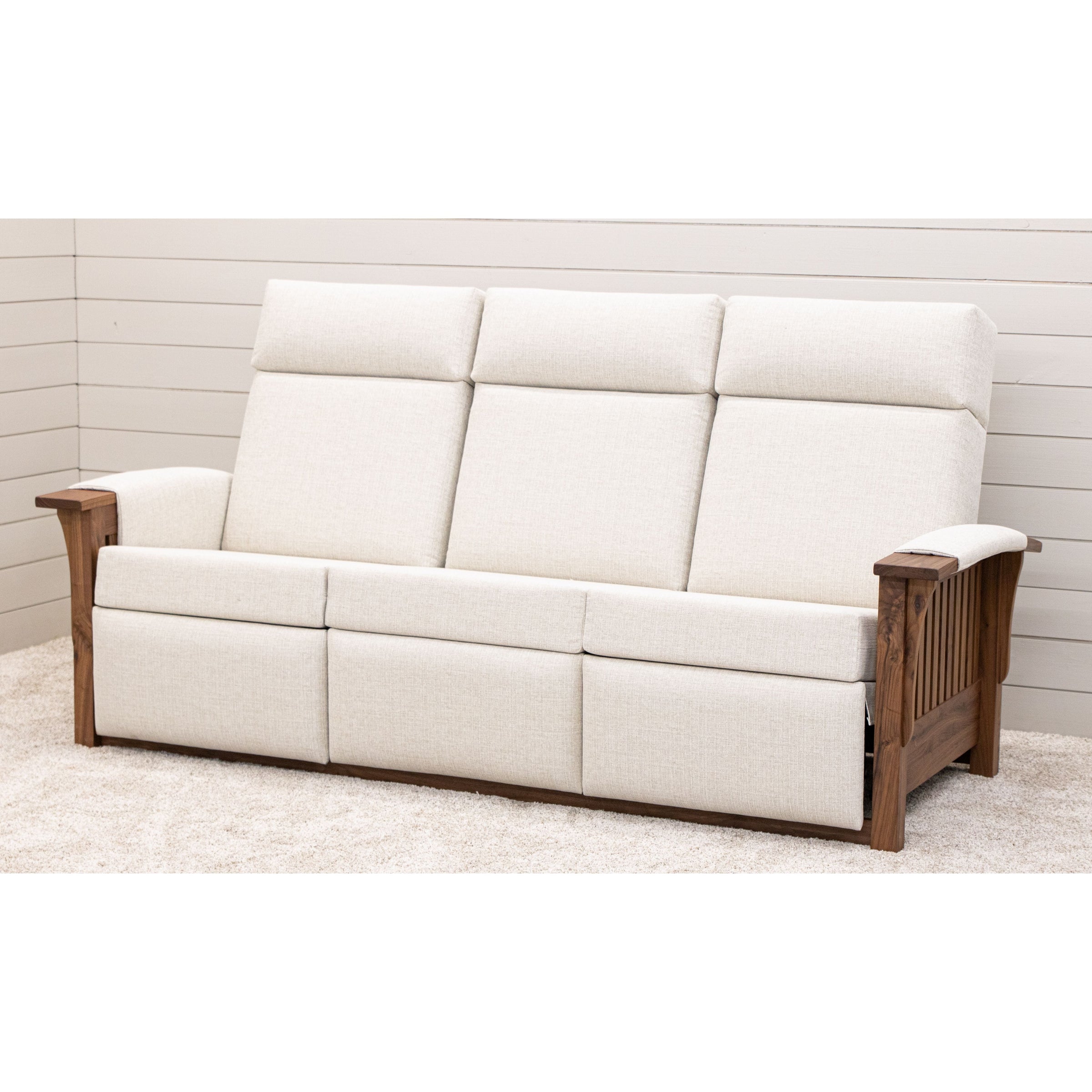 Amish Mission White Wallhugger Reclining Sofa with Walnut Wood Arms