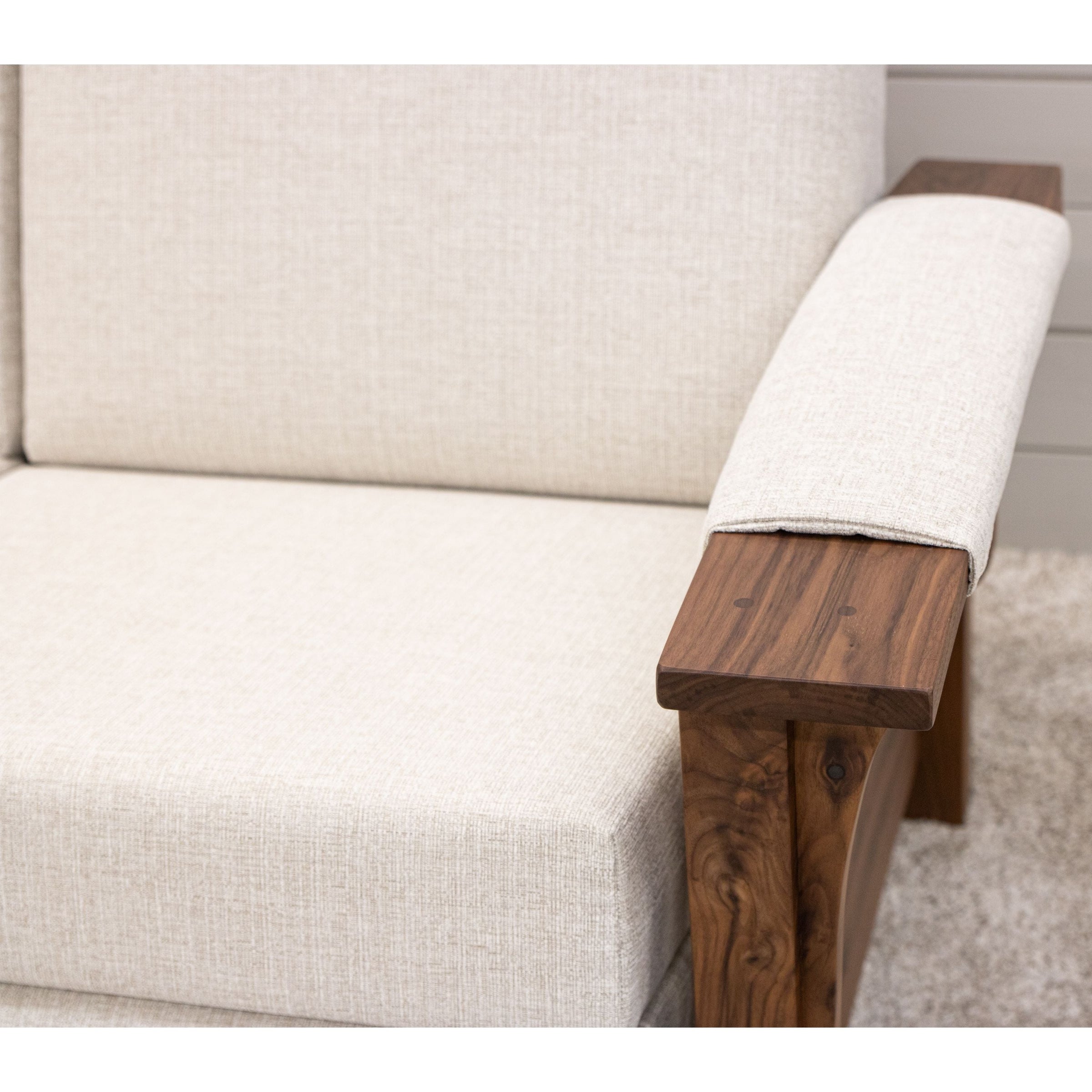 Amish Mission White Wallhugger Reclining Sofa with Walnut Wood Arms