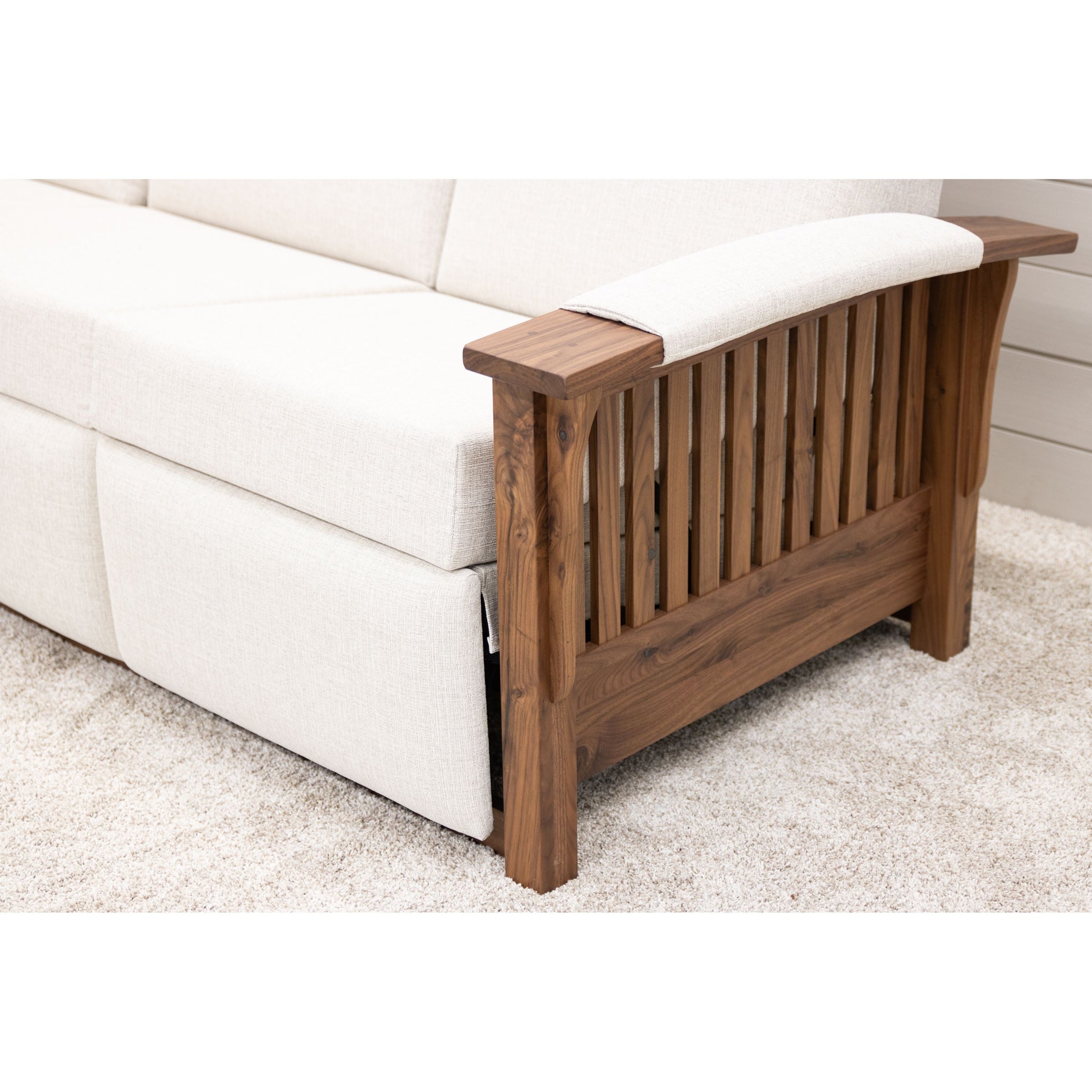 Amish Mission White Wallhugger Reclining Sofa with Walnut Wood Arms