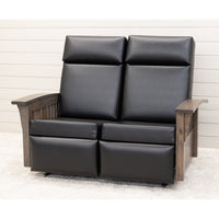 Amish Mission Black Faux Leather Reclining Loveseat with Wood Arms