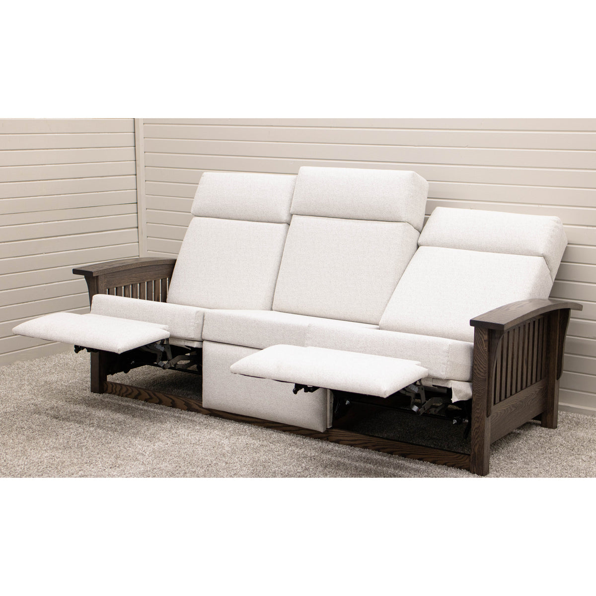 Amish Mission White Wallhugger Reclining Sofa with Wood Arms | 23-13