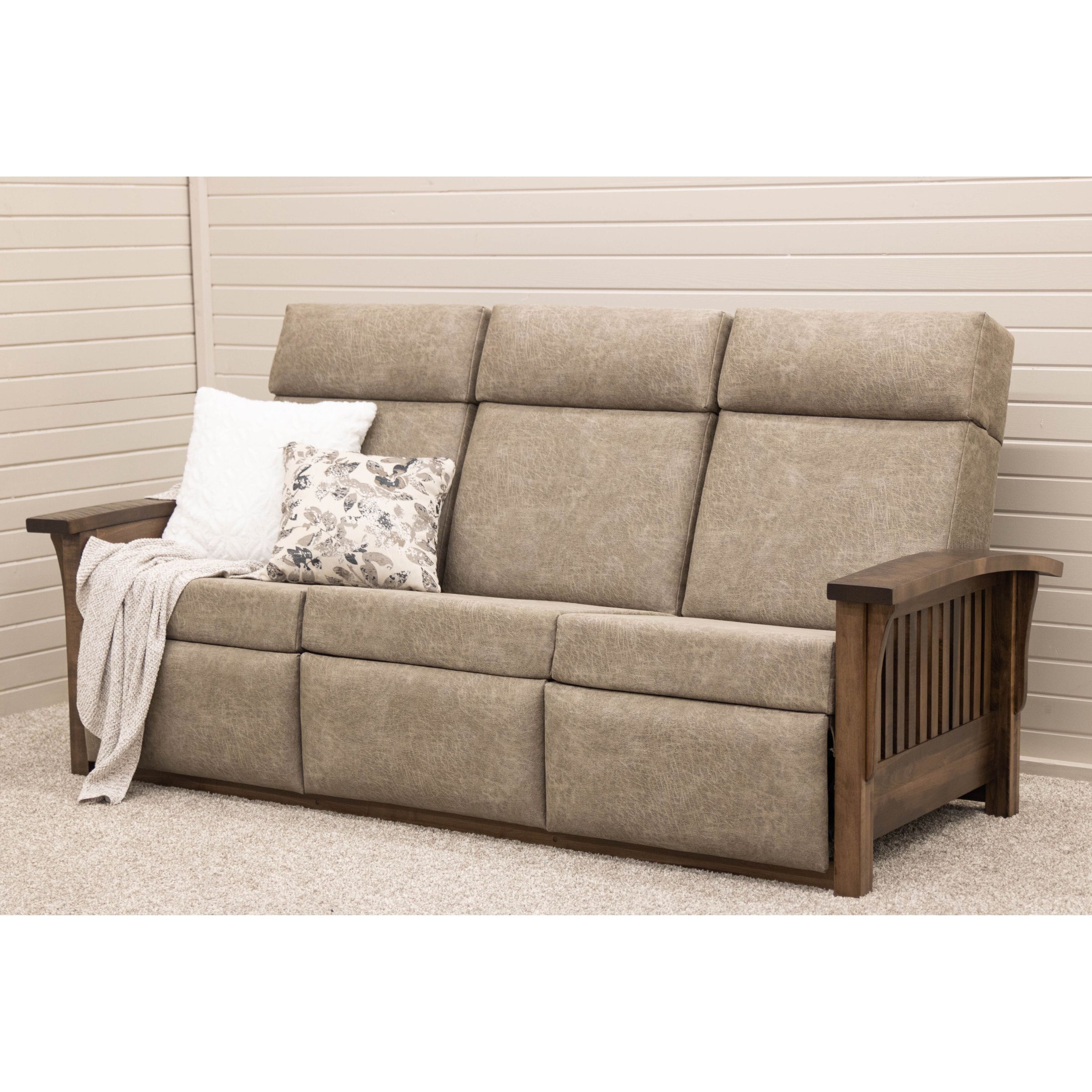 Amish Mission Wallhugger Reclining Sofa with Wood Arms | 22-61