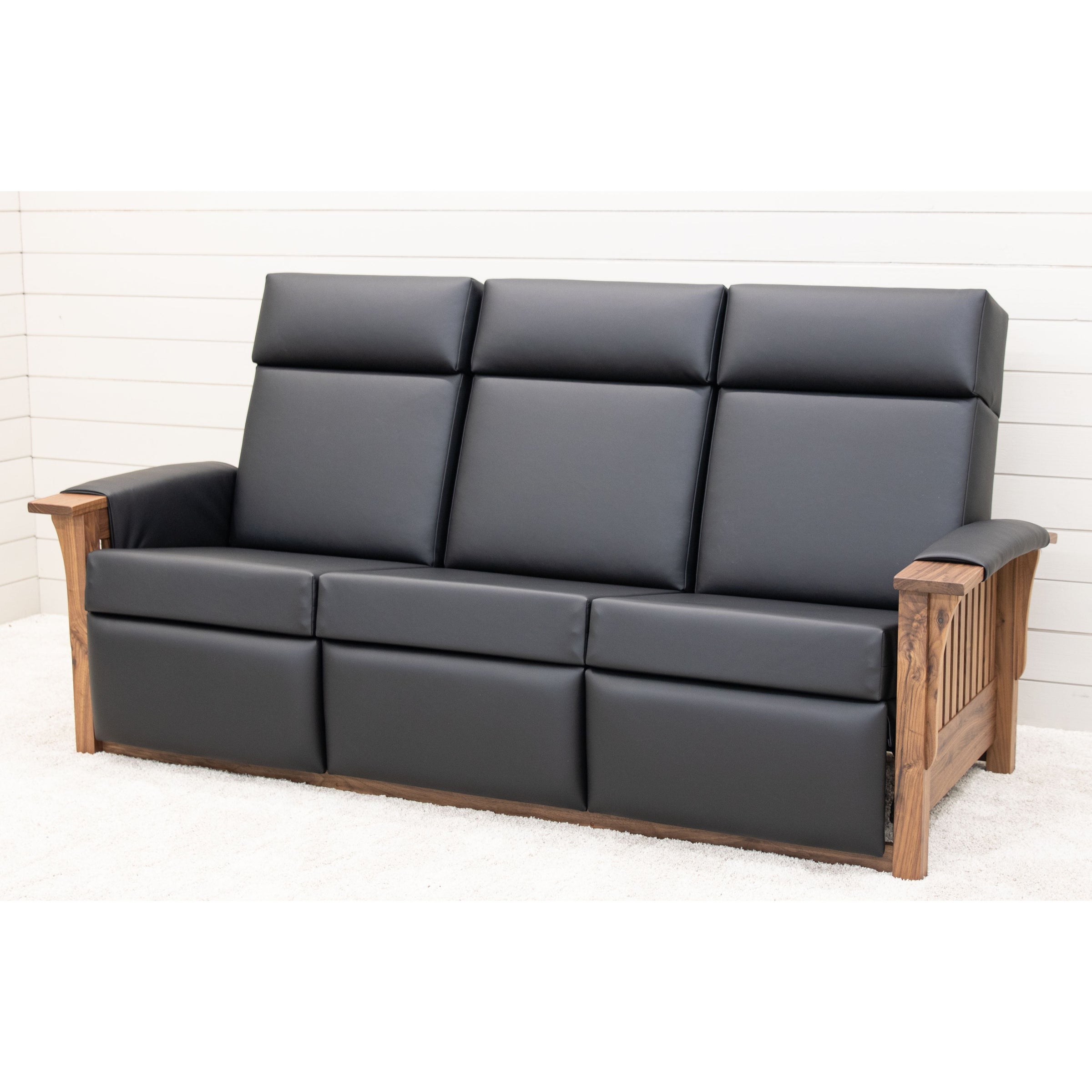 Amish Mission Black Faux Leather Wallhugger Reclining Sofa with Wood Arms