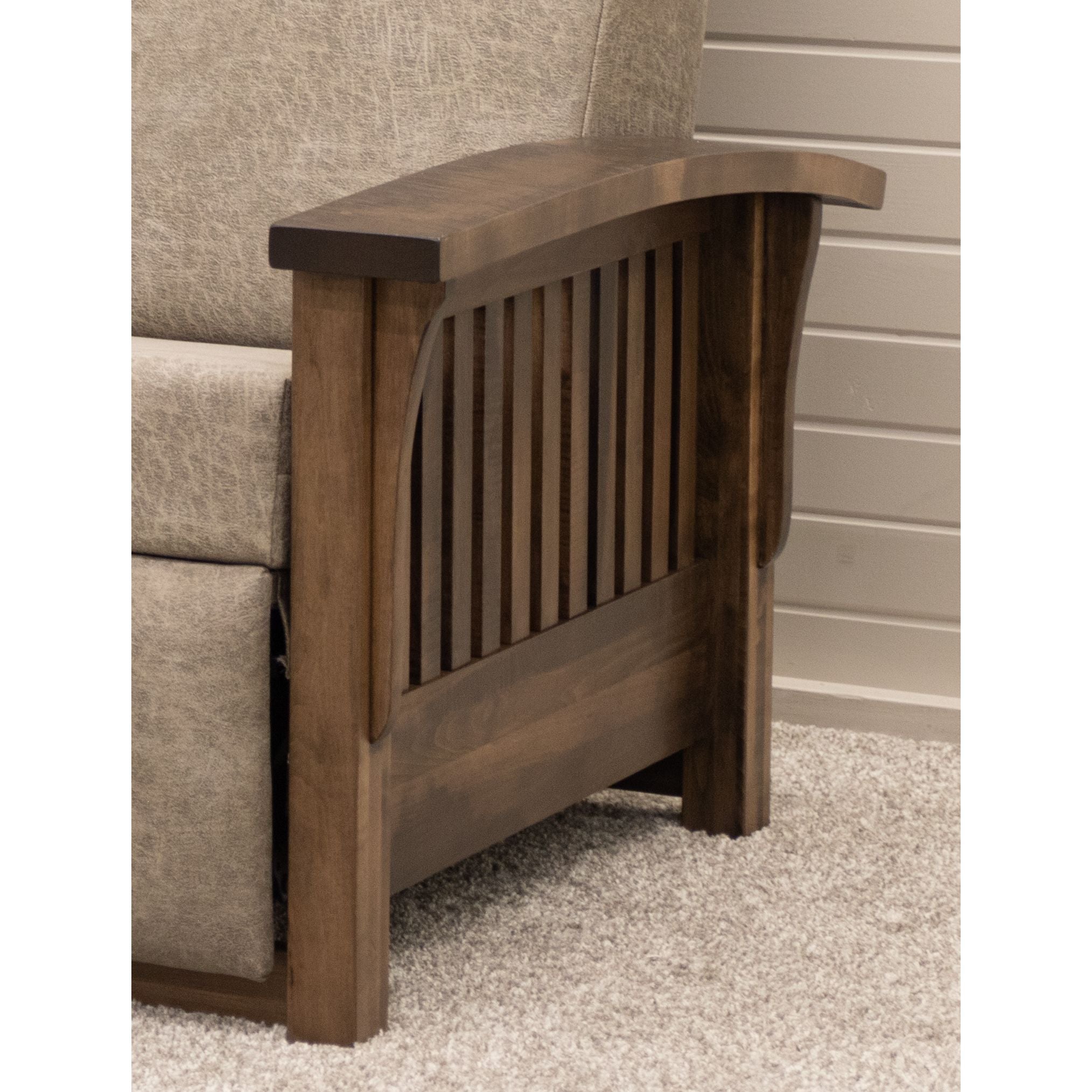 Amish Mission White Wallhugger Reclining Sofa with Walnut Wood Arms