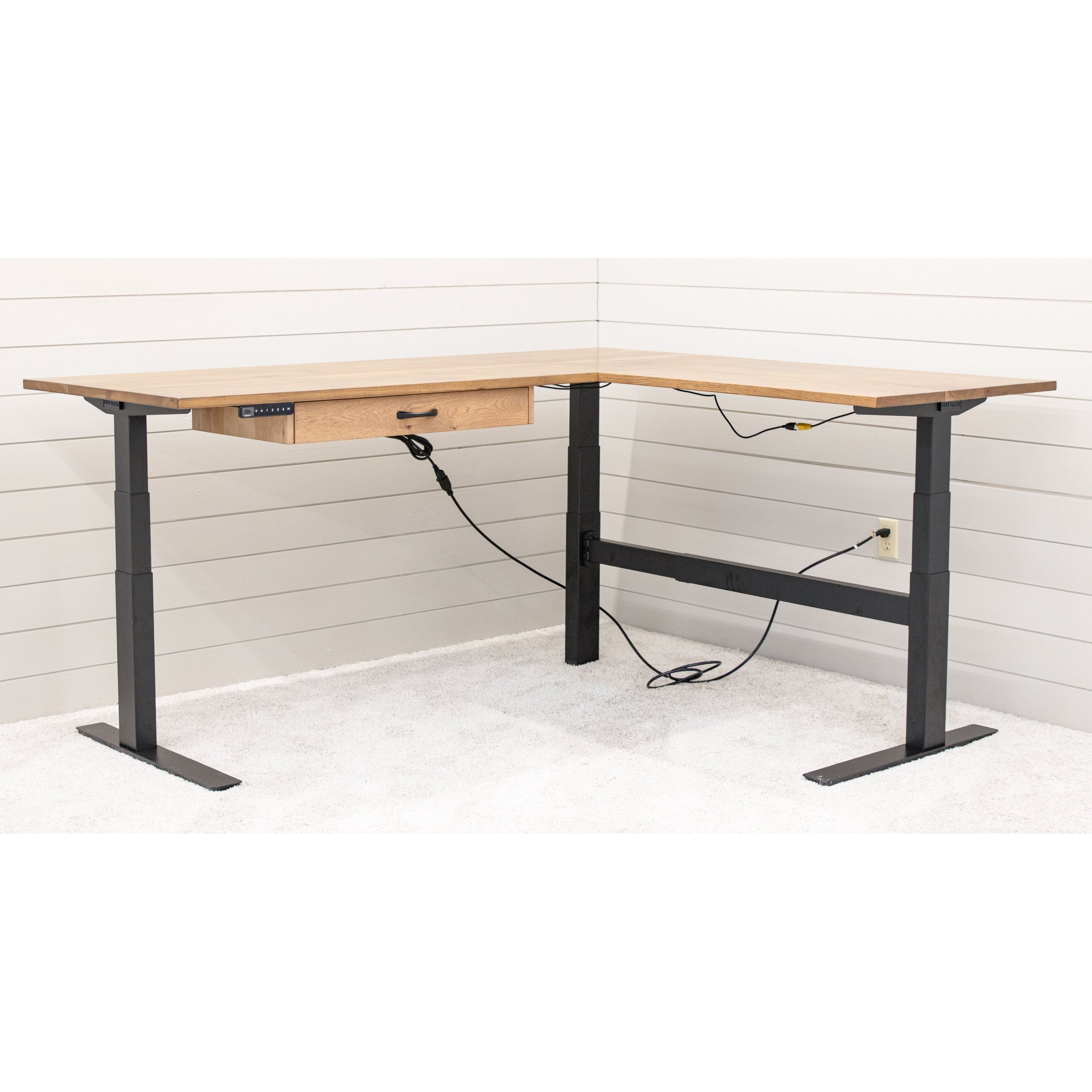 L Shaped Adjustable Standing Desk with Hickory Wood Top | WB