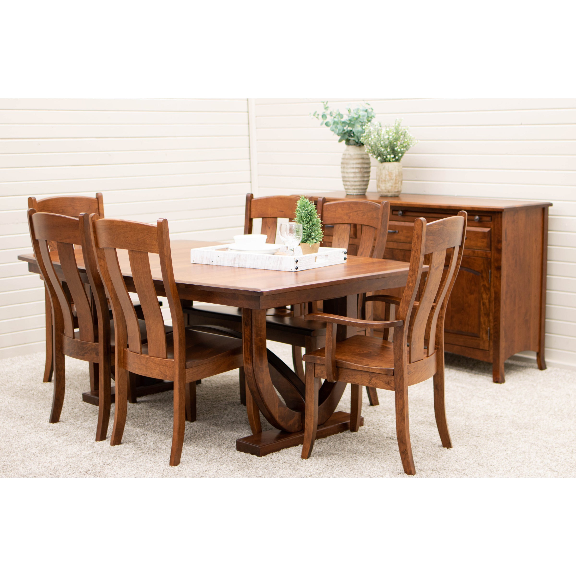 Augusta Cherry Wood Arm Dining Chair with Black Faux Leather Seat | MC