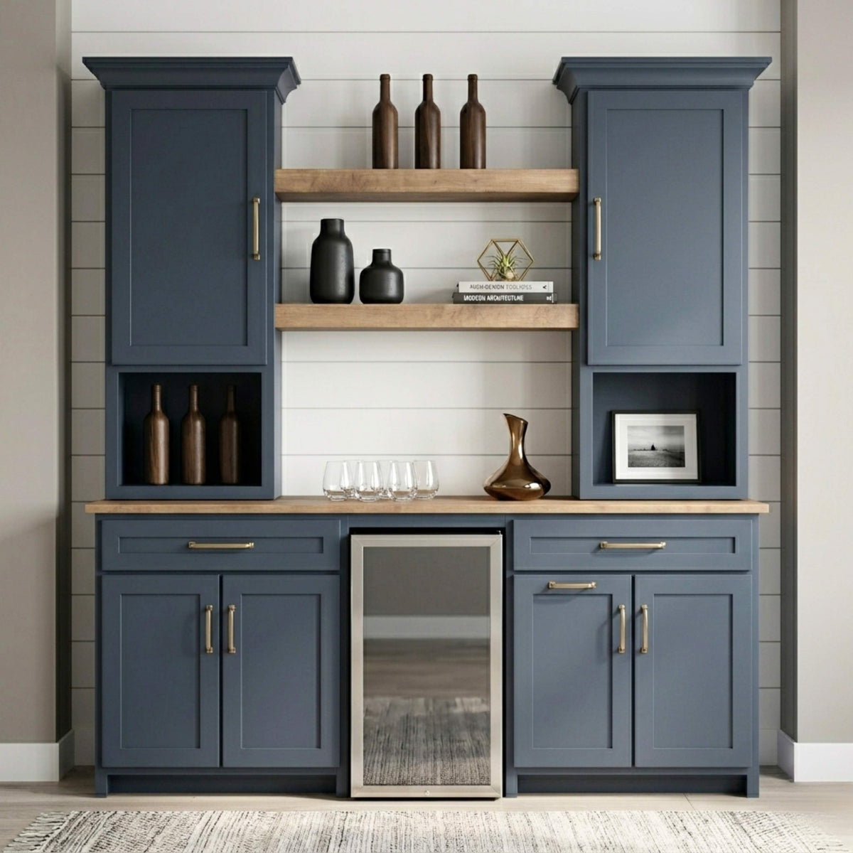 Modern Farmhouse Blue Solid Wood Wine Cabinet with Fridge | M-HN&WB