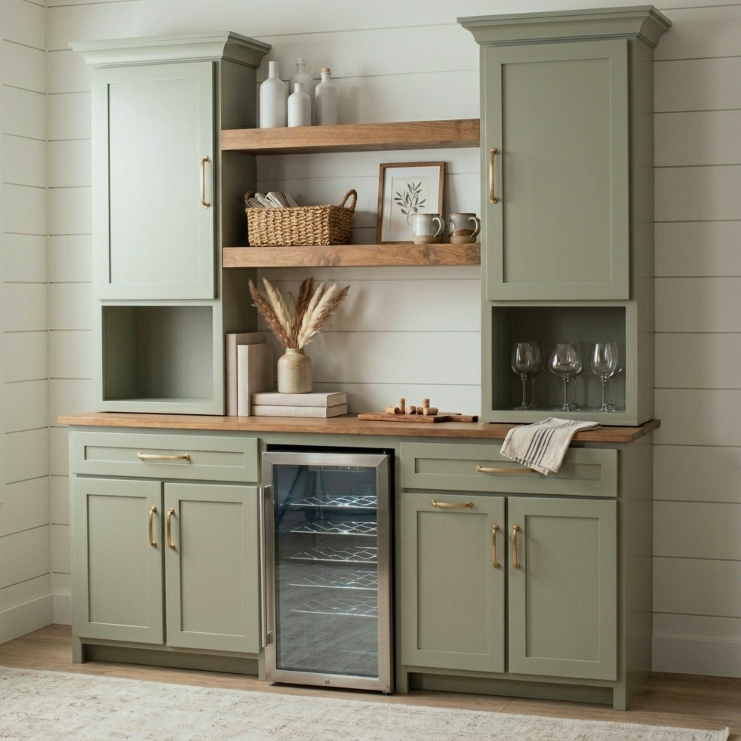 Modern Farmhouse Green Solid Wood Wine Cabinet with Fridge | M-EF&WB