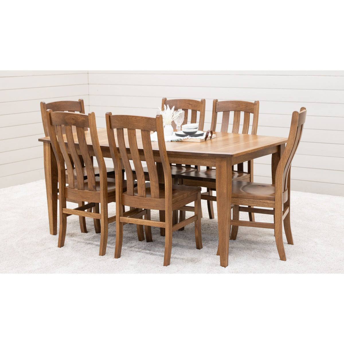 Classic Shaker Extendable Amish Dining Table with 6 Fostoria Solid Wooden Dining Chairs, shown in solid Hickory Wood