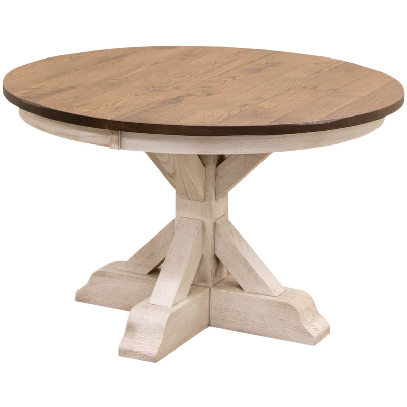 Amish Round Farmhouse White & Oak Extending Dining Table | O-CS&RWO-CO