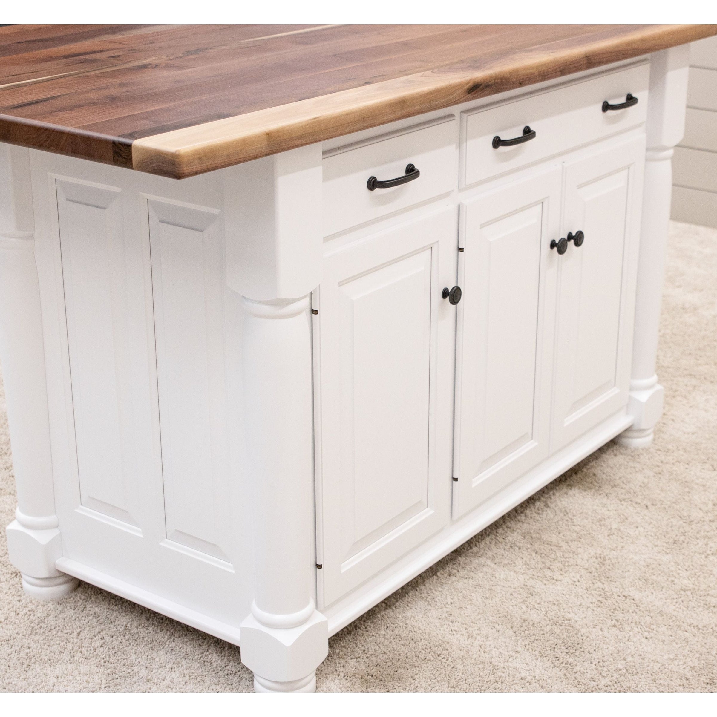 Amish IS-98 Turned Leg White Island Cabinet with Walnut Wood Top | DW&NAT