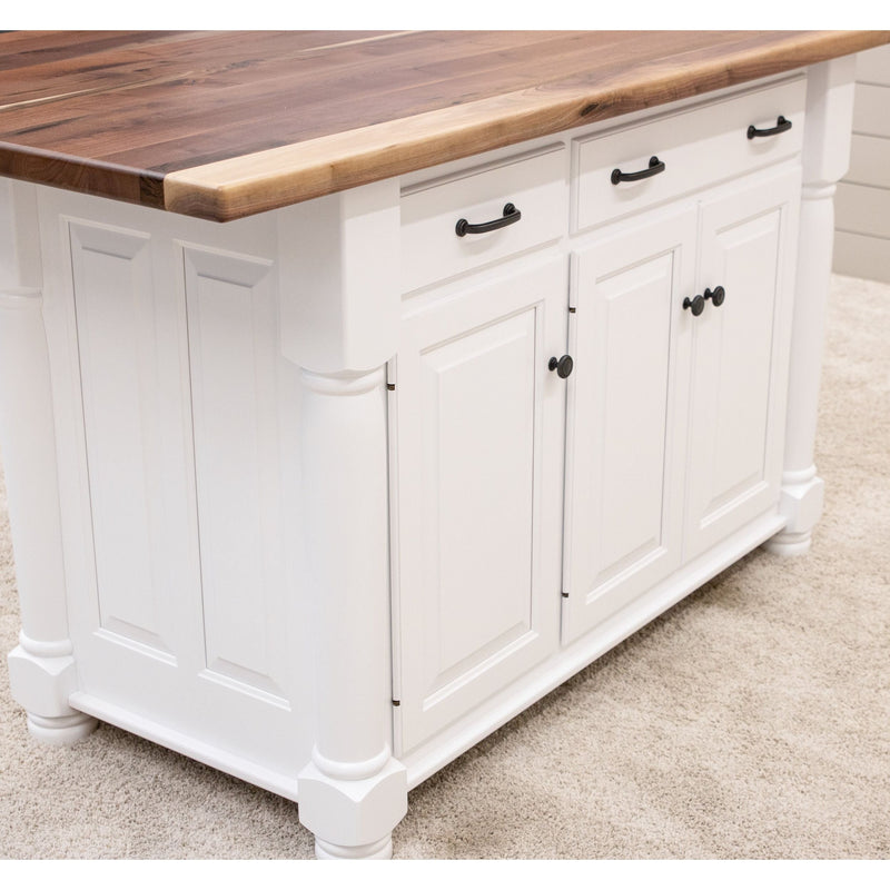 Amish IS-98 Turned Leg White Island Cabinet with Walnut Wood Top | DW&NAT