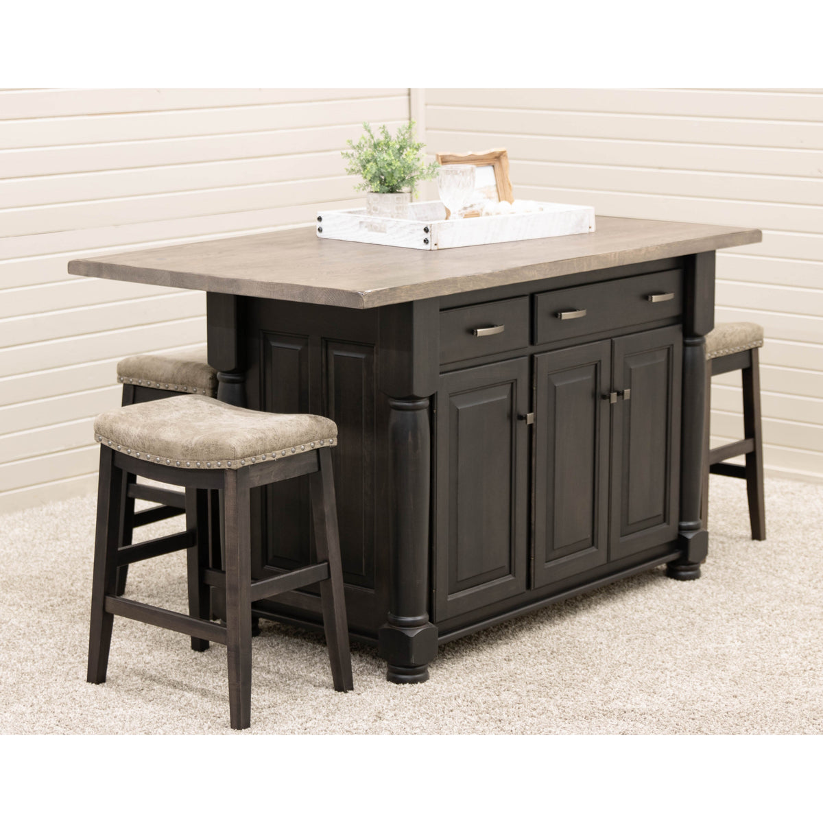 Amish IS-98 Turned Leg Maple Wood Island with Rustic White Oak Top | DK&GB