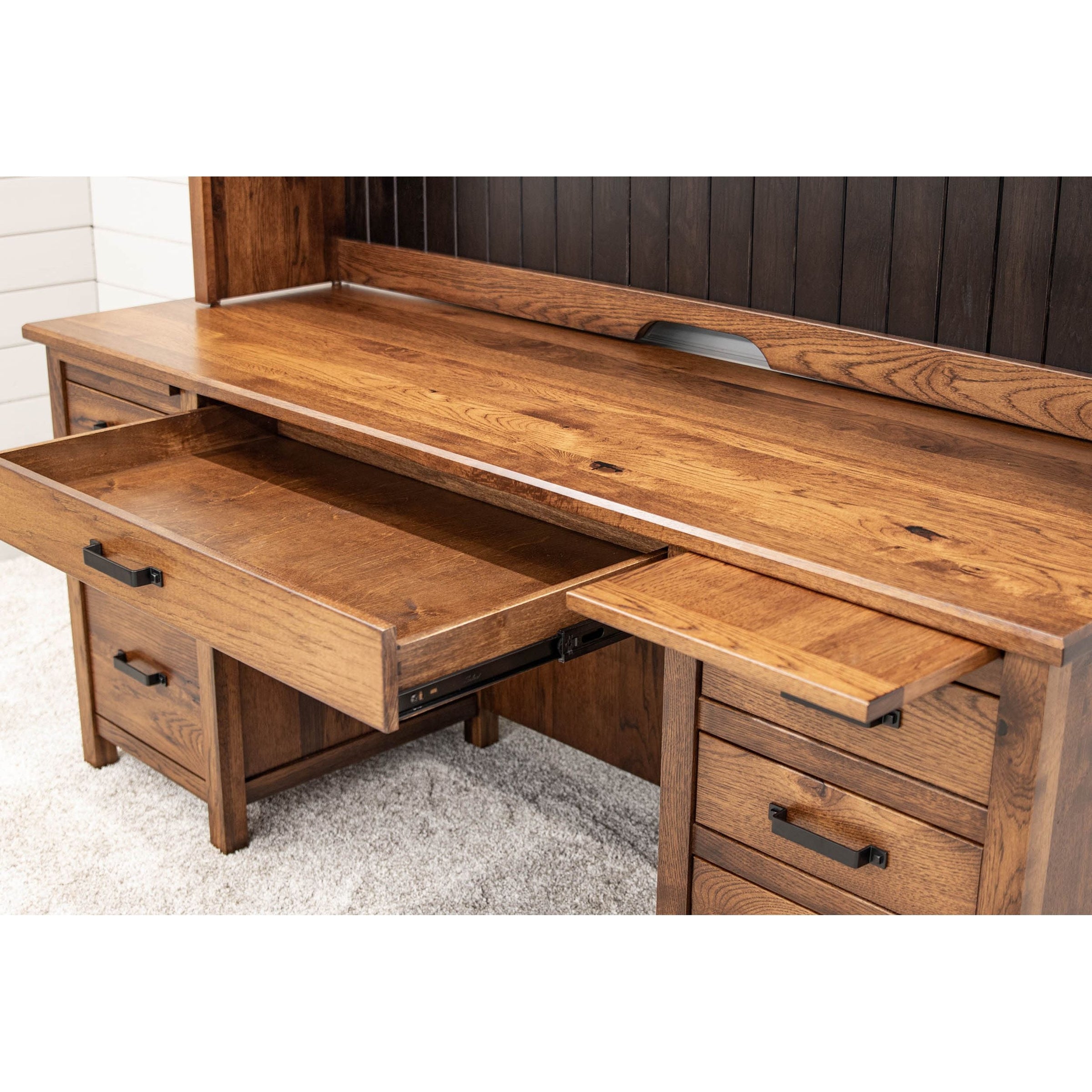 Jamestown Hickory Wood Flat Wall Desk with Hutch Top | H-ASB&M-EB