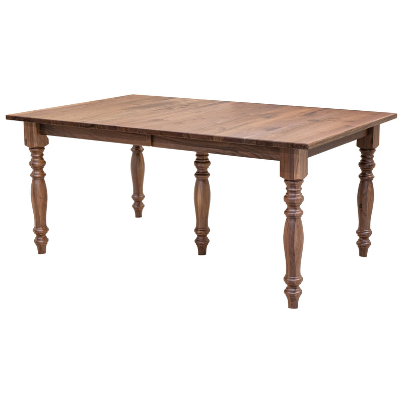 A modern turned leg Walnut extending dining table with self-storing leaves