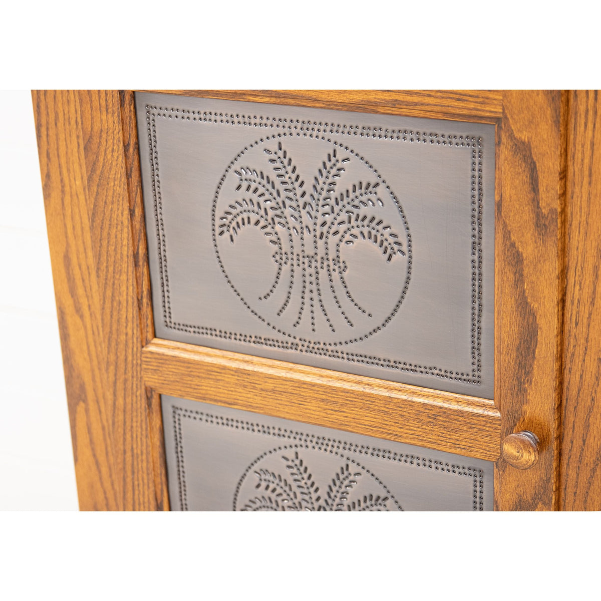 Single Door Oak Wood Pie Safe with Copper Wheat Tins | O-MC