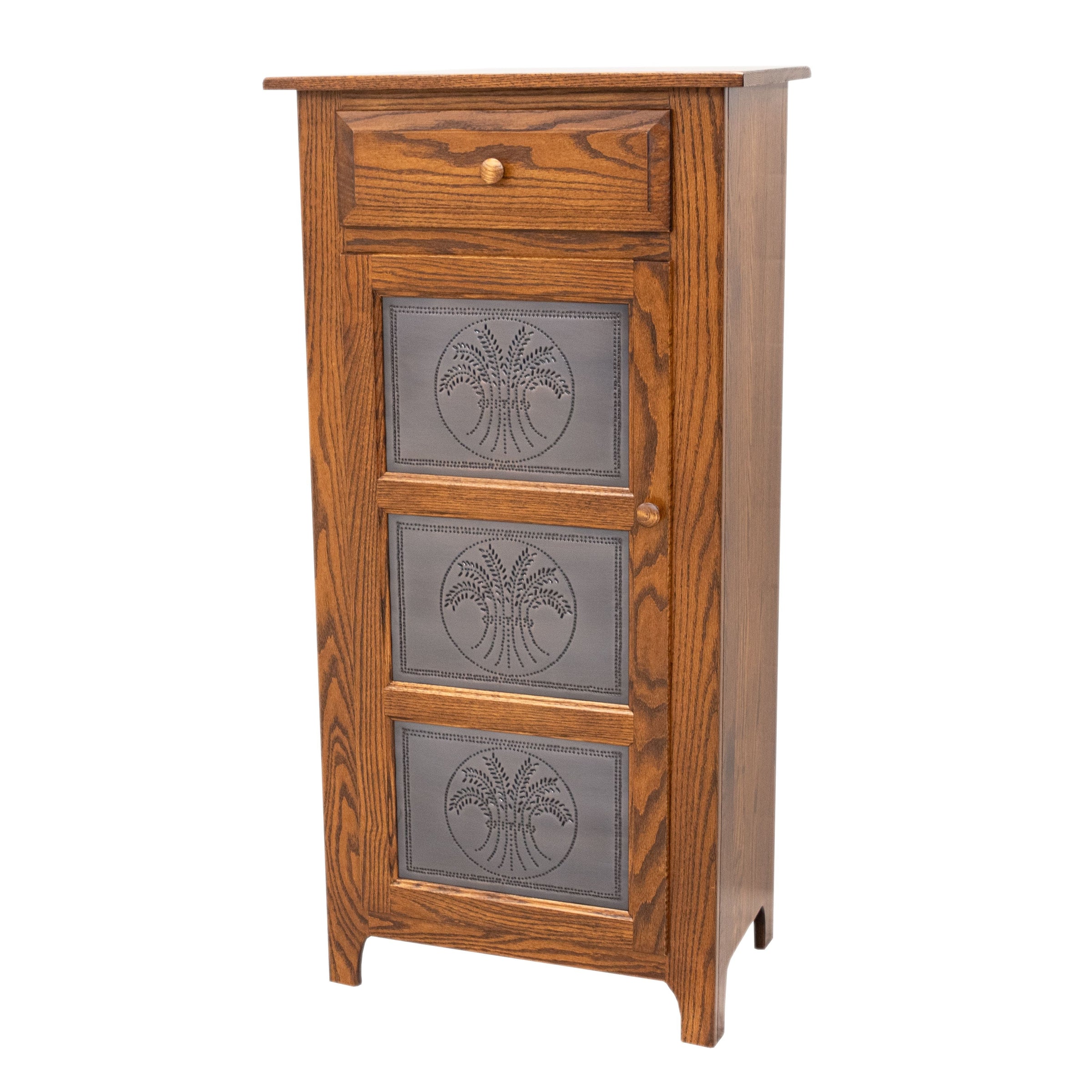 Single Door Oak Wood Pie Safe with Copper Wheat Tins | O-MC