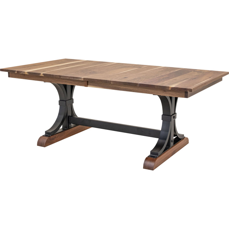 A large, solid Walnut wood extendable dining table with black metal base by Amish furniture makers