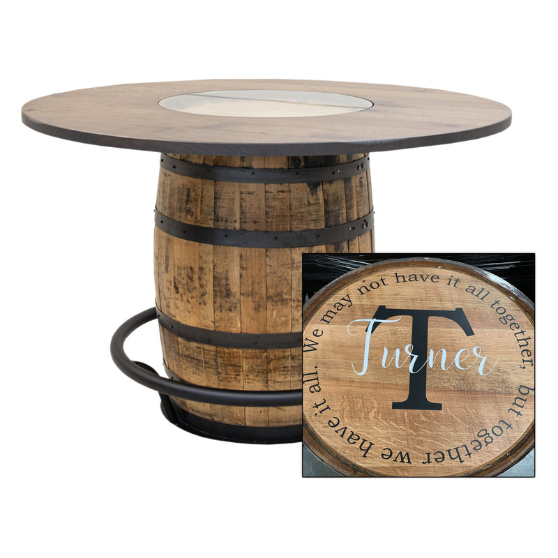 Amish Whiskey Personalized Rustic Quarter Sawn White Oak Wood Single Barrel Pub Table | SB