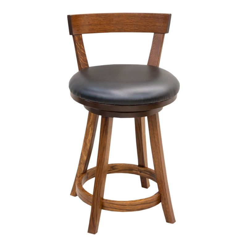 Temple 24" Rustic Quarter Sawn White Oak Wood Swivel Bar Stool with Black Faux Leather Seat | GB