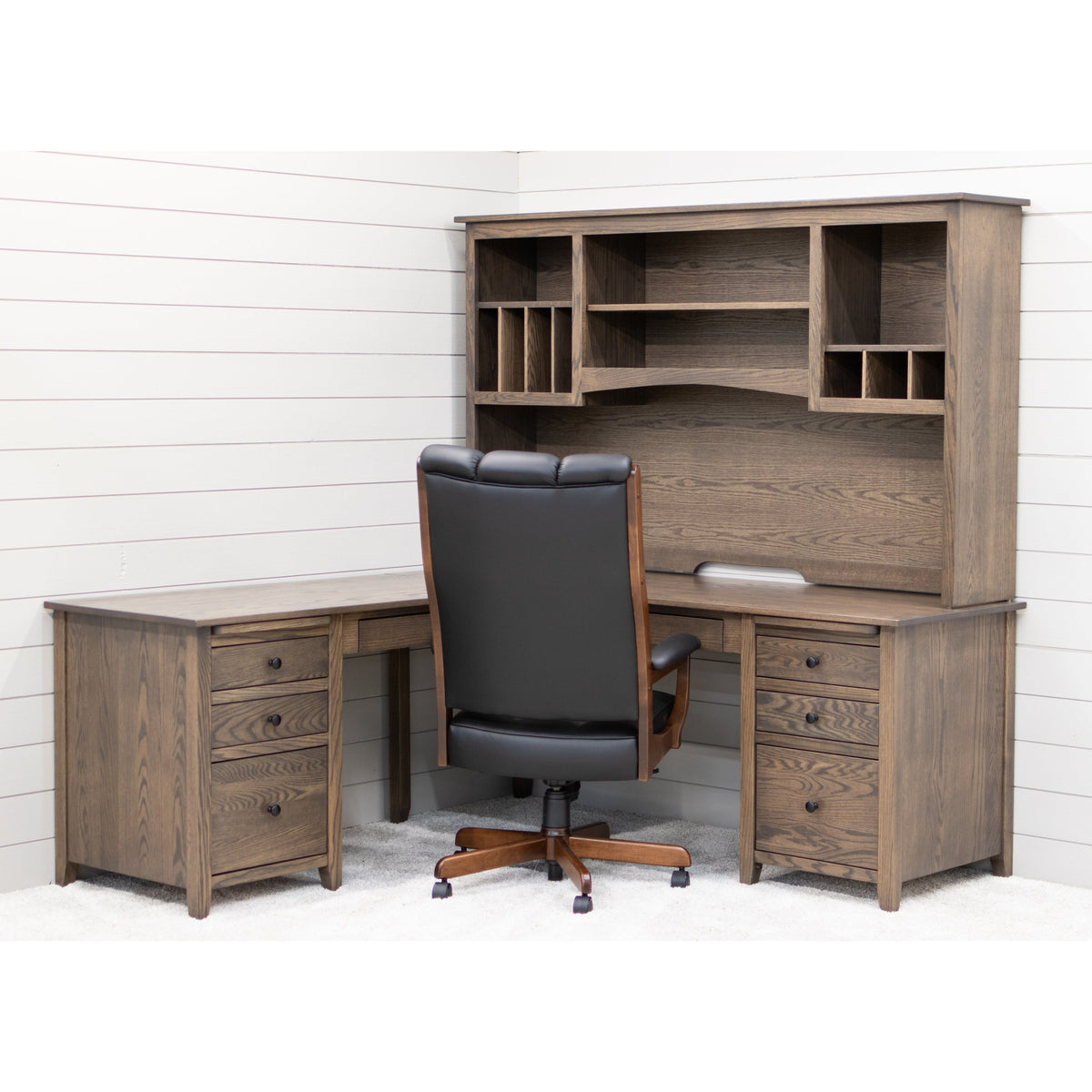 Michigan Oak Wood L Desk with Hutch Top | GY